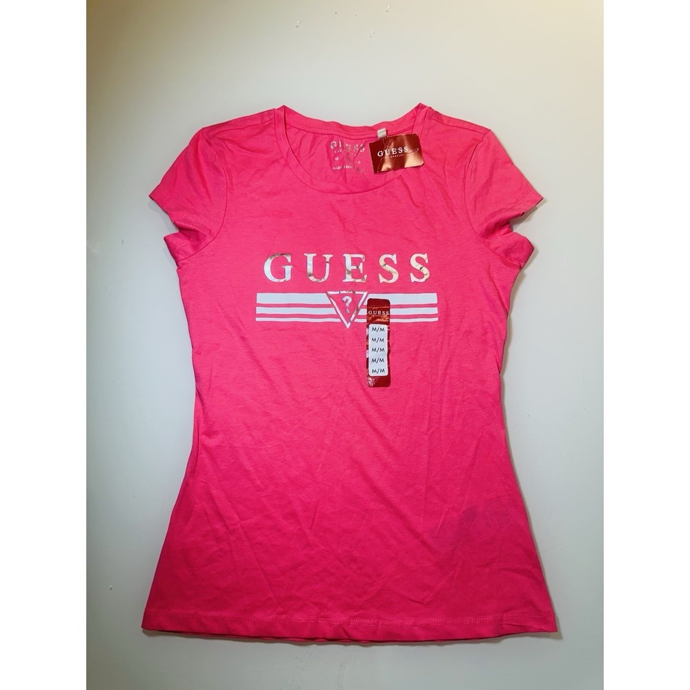 GUESS Los Angeles T-shirt Pink Metallic Silver Logo  Graphic Size M - NEW
